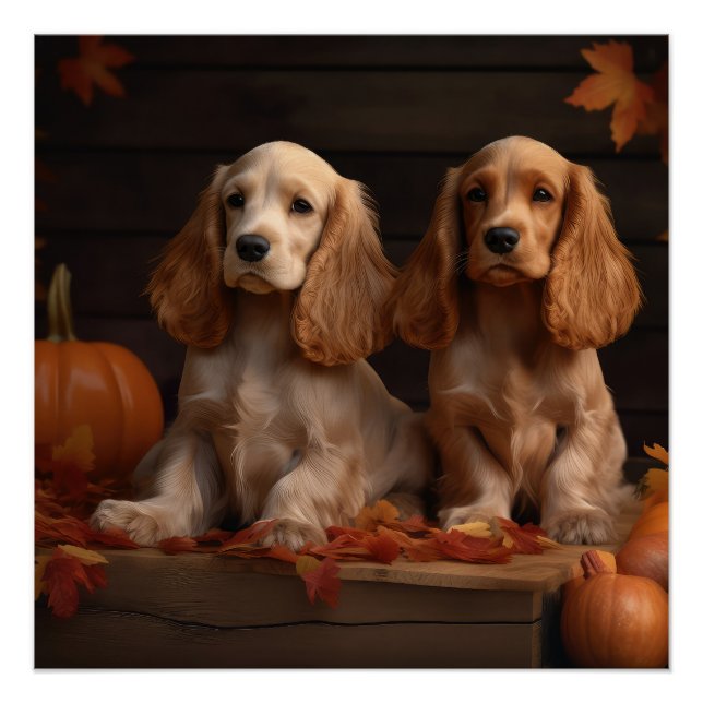 Poster Cocker Spaniel Puppy Automne Citrouille de plaisir (Devant)