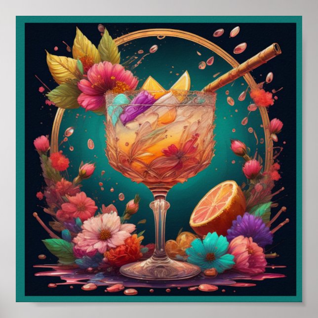 Poster Cocktail et fleurs (Devant)