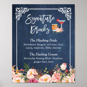 Poster Cocktail Signature Floral Navy Blue Mariage