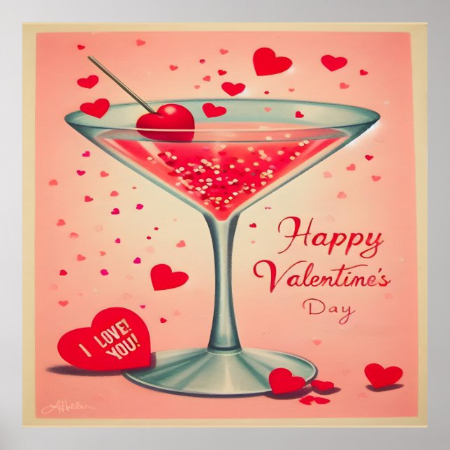 Poster Cocktail Valentine Martini du milieu du siècle (Devant)
