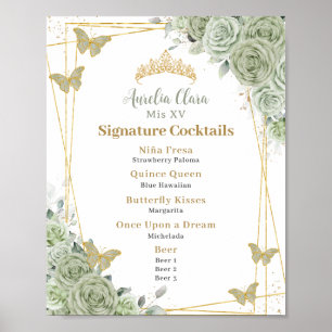 Poster Cocktails de signature de Quinceanera floraux vert