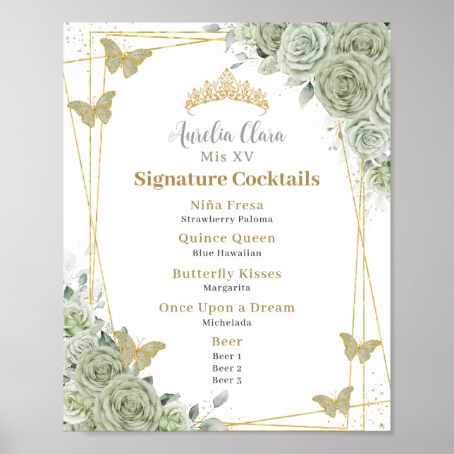 Poster Cocktails de signature de Quinceanera floraux vert (Devant)