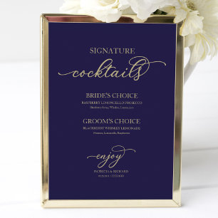 Poster Cocktails Signature Écriture Or Signe Bleu Marine