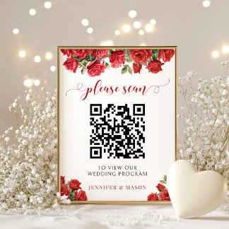 Poster Code QR élégant de programme de mariage floral ros