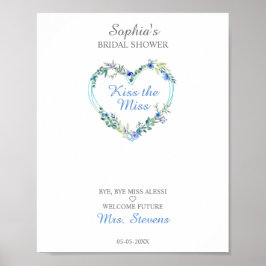 Poster Cœur à l'aquarelle florale avec feuilles en bleu
