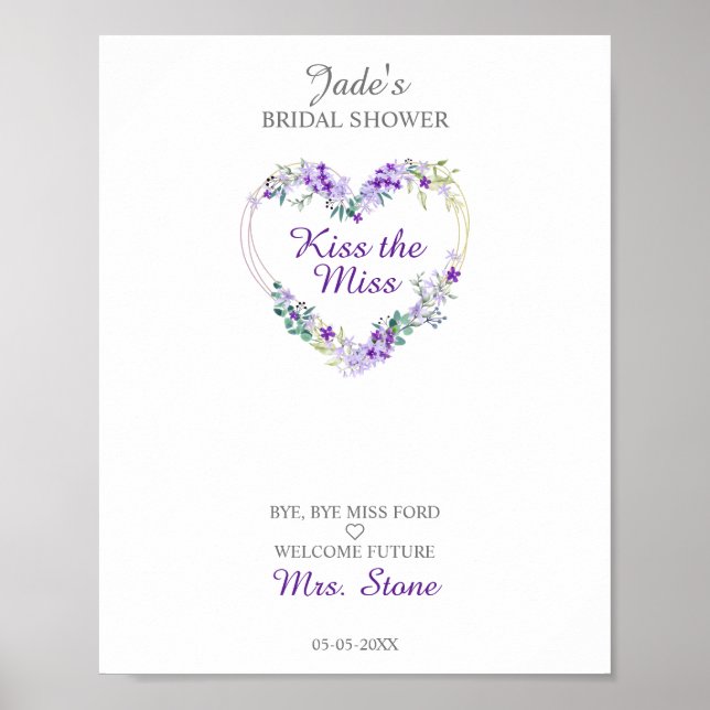 Poster Cœur à l'aquarelle florale avec feuilles en violet (Devant)