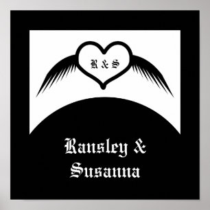 Poster Coeur ailé gothique Mariage Personnalisé Monogramm