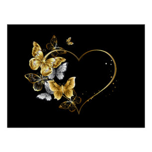 Poster Cœur avec papillons dorés