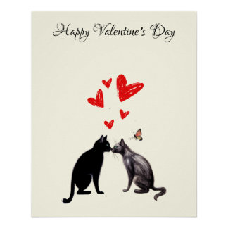 Poster Coeur d'Amoureux des chats noir Saint Valentin