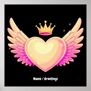 Poster Coeur d'ange avec ailes roses Cool et couronne Une