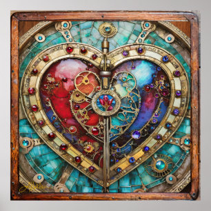 Poster Cœur de verre teinté rouge et bleu Série Steampunk