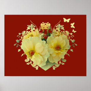 Poster Coeur des Roses Jaunes sur l'affiche rouge