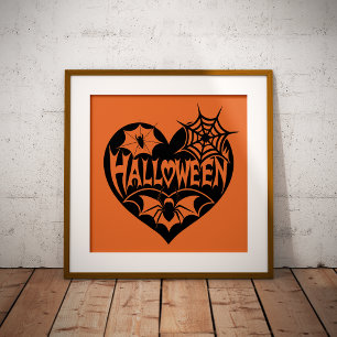 Poster Cœur d'Halloween, forme de cœur noir, toile d'arai