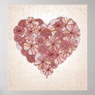 Poster Coeur en fleurs dessinées à la main