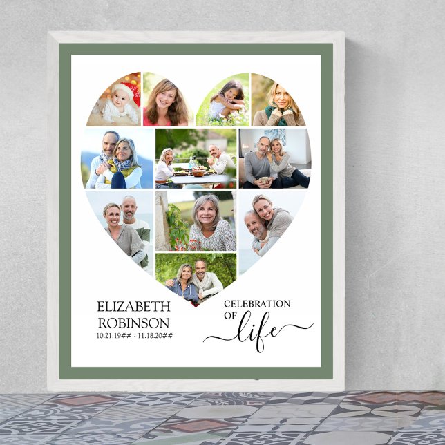 Poster Coeur en forme 11 Photo Collage Célébration de la  (Funeral memorial poster to order professionally printed or as a printable digital download)