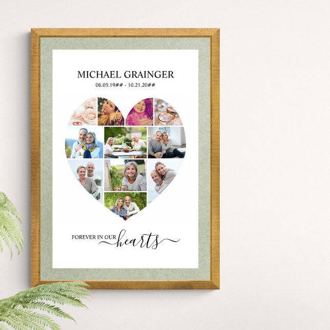 Poster Coeur en forme 11 Photo Collage funéraire commémor (Funeral memorial poster to order professionally printed or as a printable digital download)