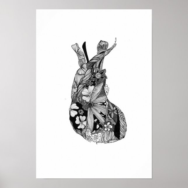 Poster Coeur floral noir et blanc (Devant)