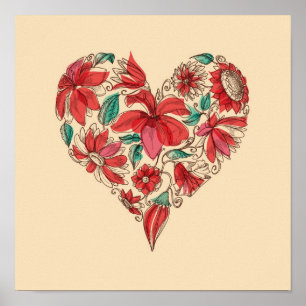 Poster Coeur rétro des fleurs symbole d'amour