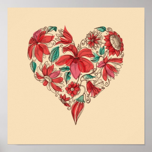 Poster Coeur rétro des fleurs symbole d'amour (Devant)