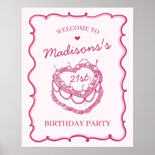 Poster Coeur rose Coquette gâteau cerise Bienvenue