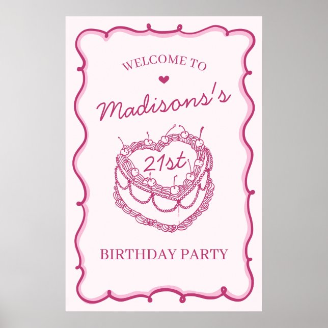 Poster Coeur rose Coquette gâteau cerise Bienvenue (Devant)