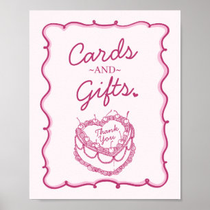 Poster Coeur rose rétro Coquette gâteau cerise Anniversai