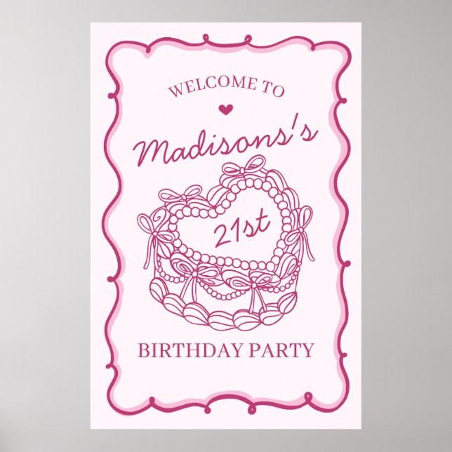 Poster Coeur rose rétro Coquette gâteau d'anniversaire Bi (Devant)