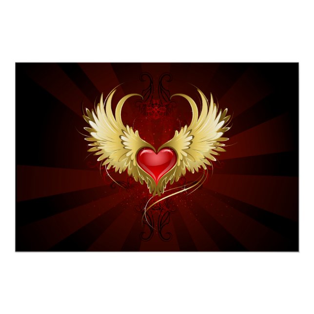 Poster Coeur rouge avec ailes d'or (Devant)