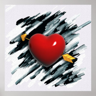 Poster Coeur rouge avec peinture Arrière - plan aquarelle