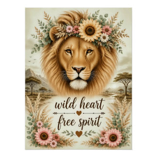 Poster Cœur Sauvage Esprit Libre Art Boho Floral Lion