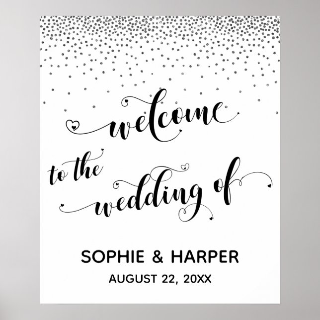 Poster Coeurs Bienvenue au Mariage Silver Confetti Sign (Devant)