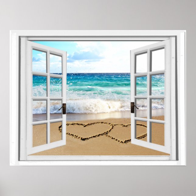 Poster Coeurs Dans Sand Faux Vue Plage (Devant)