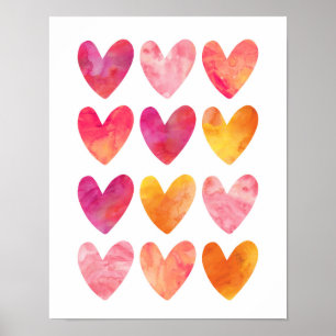 Poster Coeurs d'aquarelle rose et orange imprimé
