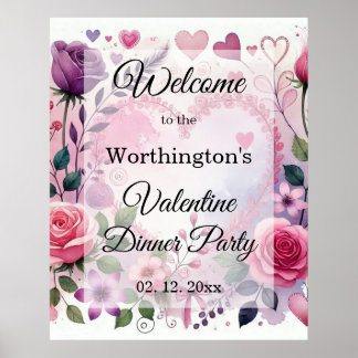 Poster Cœurs de roses florale pastel valentin aquarelle