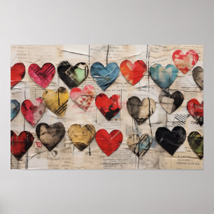 Poster Coeurs divers avec collage de textures de papier