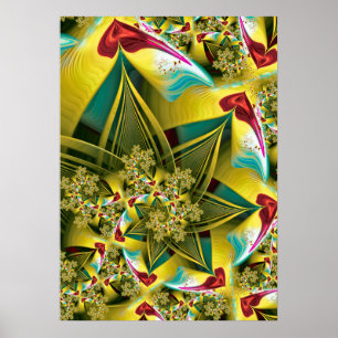 Poster Cœurs fractals dorés et motif abstrait en éclateme