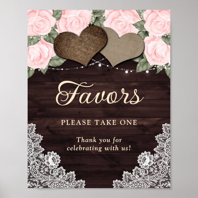 Poster Coeurs Rustiques En Bois Blush Rose Floral Mariage (Devant)