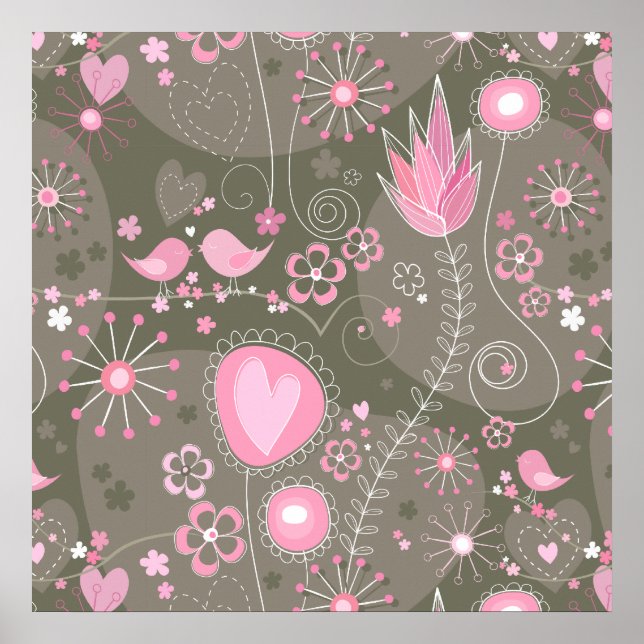 Poster Coeurs Whimsical rose et gris, oiseaux et fleurs (Devant)