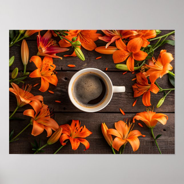 Poster Coffee cup surrounded by vibrant orange flowers (Devant)