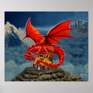 Poster Coffre au trésor du dragon rouge volant