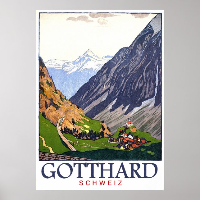 Poster col Gotthard, Suisse, village, vintage (Devant)
