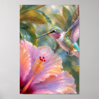 Poster Colibri avec aquarelle d'Hibiscus