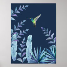 Colibri avec feuillage tropical en bleu foncé