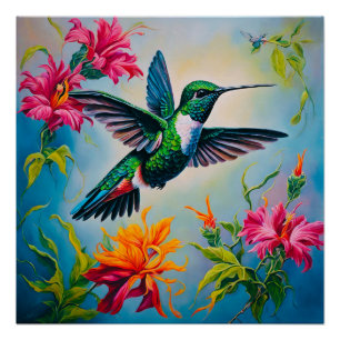 Poster Colibri de couleur vif avec fleurs
