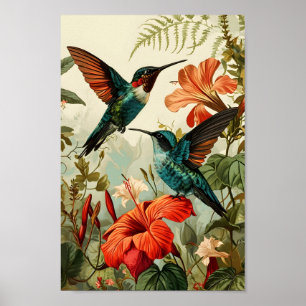 Poster Colibri et fleurs : Vintage