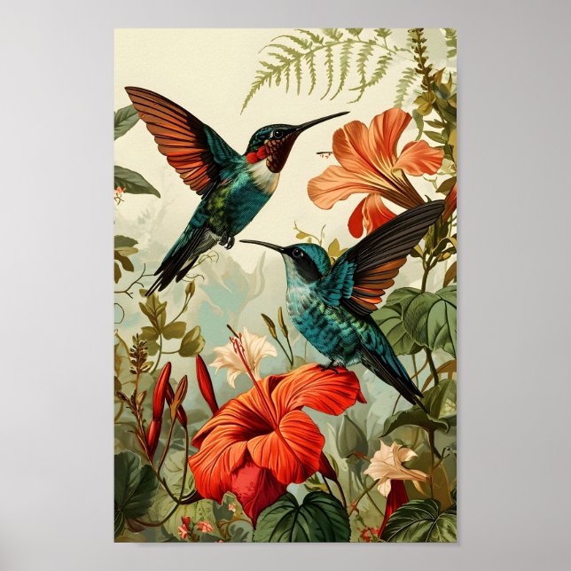 Poster Colibri et fleurs : Vintage (Devant)