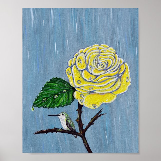 Poster Colibri et Rose dans la peinture de pluie (Devant)