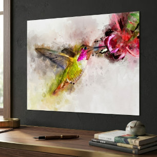 Poster Colibri se nourrissant sur une fleur rose Aquarell