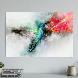 Poster Colibri volant avec fleur Aquarelle - 01