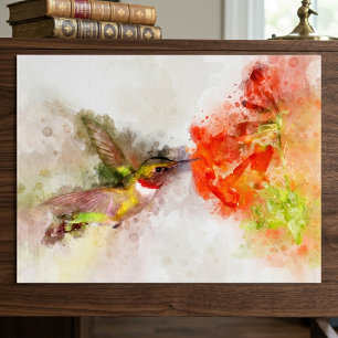 Poster Colibri volant avec fleur Aquarelle - 05